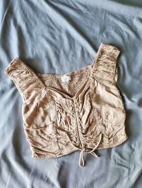 Japna Beige Ruched Drawcord Crop Top
